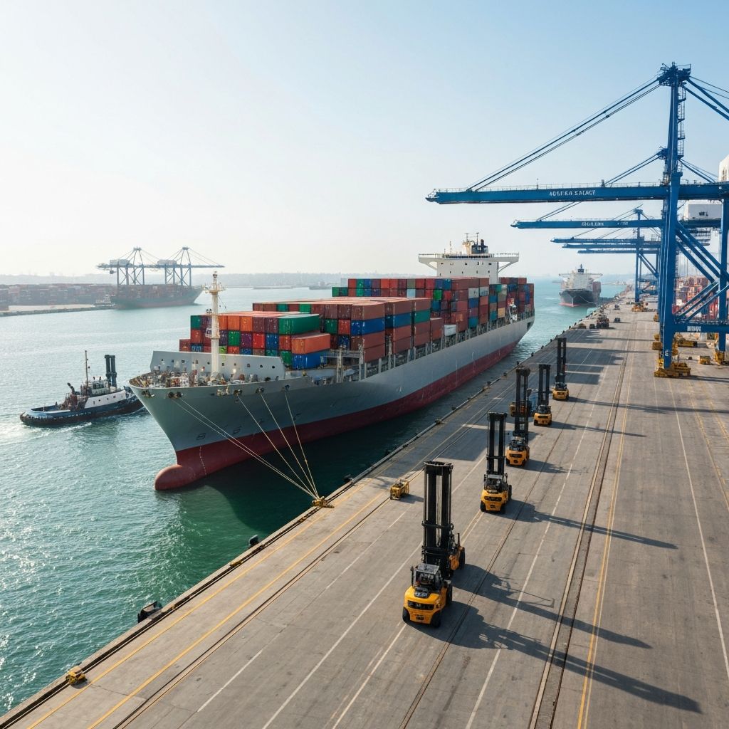 Modern cargo ship and container terminal at international shipping port - PT. Arisindo Maritim Indonesia