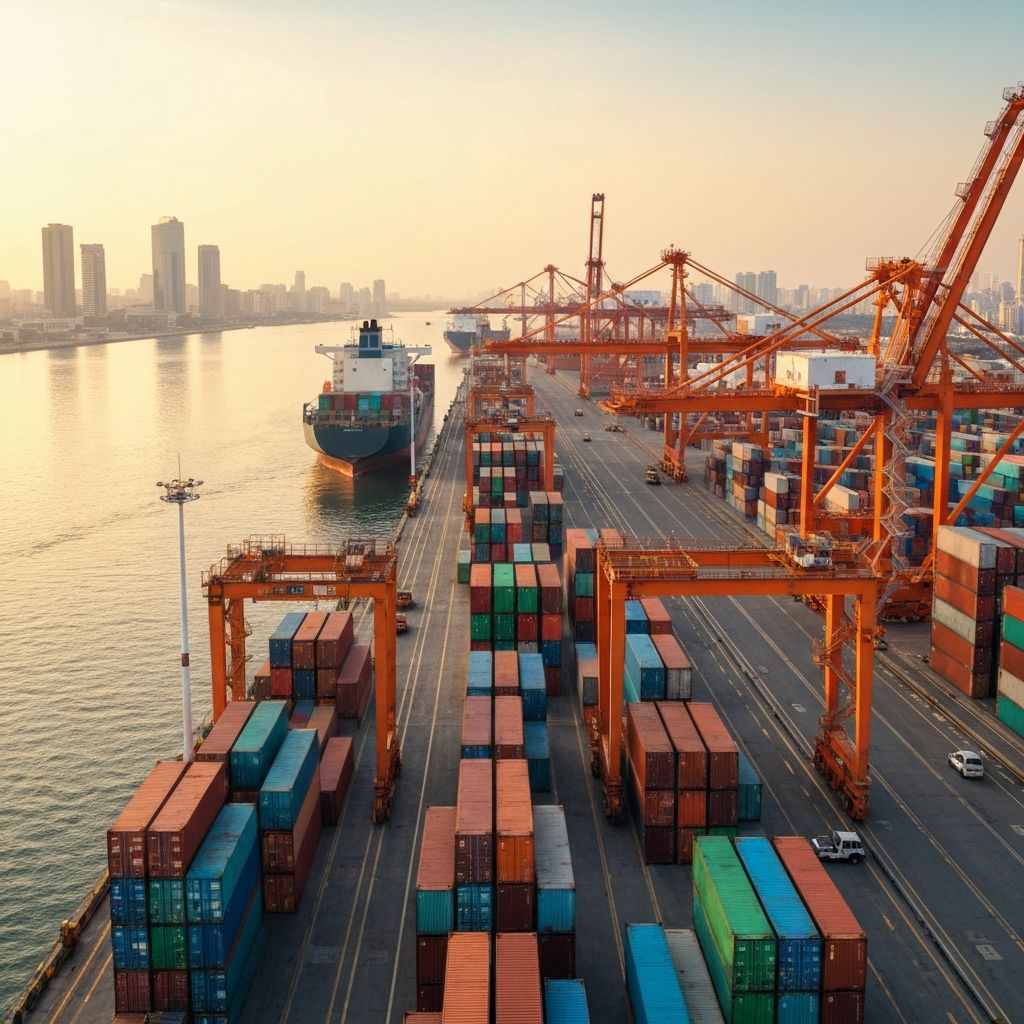 Container terminal at busy shipping port with cranes loading cargo